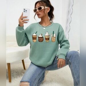 Women's long-sleeved sweatshirt, mint green. Size XS. Coffee Lovers